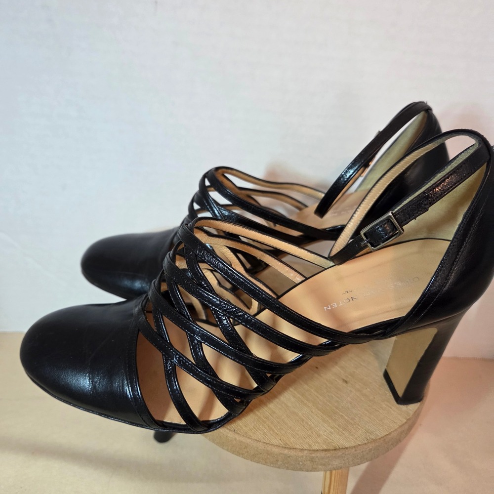 Dries Van Noten Black Leather Strappy Cage Heels Round Toe Pump Size 38 Italy